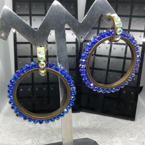 Big circular hoops dazzling blue glass crystal brass statement earrings-hefty.